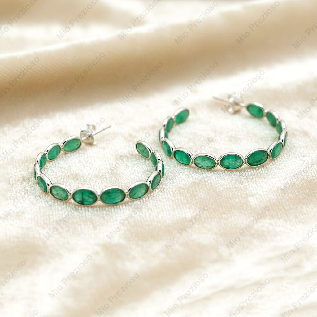 925 Sterling Silver Emerald Hoop Earrings | Oval Cabochon Emerald Hoops | Handmade Green Gemstone Jewelry.