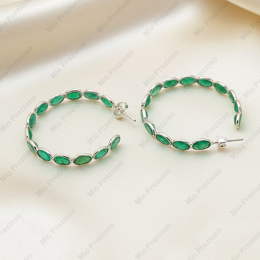 925 Sterling Silver Emerald Hoop Earrings | Oval Cabochon Emerald Hoops | Handmade Green Gemstone Jewelry.