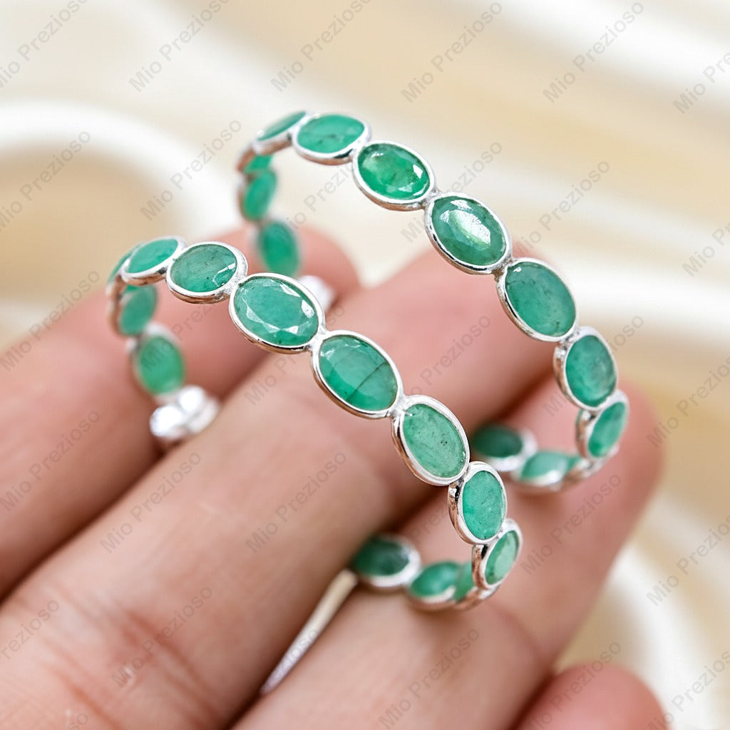 925 Sterling Silver Emerald Hoop Earrings | Oval Cabochon Emerald Hoops | Handmade Green Gemstone Jewelry.
