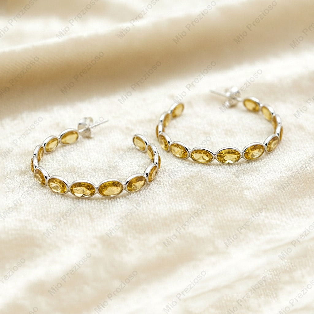 Natural Citrine Hoop Earrings | Yellow Gemstone Silver Earrings | November Birthstone Jewelry.