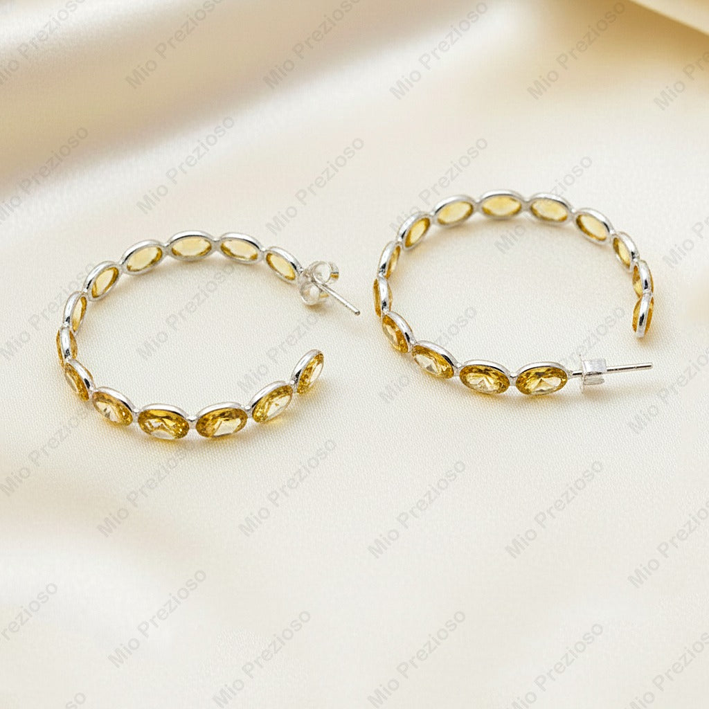 Natural Citrine Hoop Earrings | Yellow Gemstone Silver Earrings | November Birthstone Jewelry.