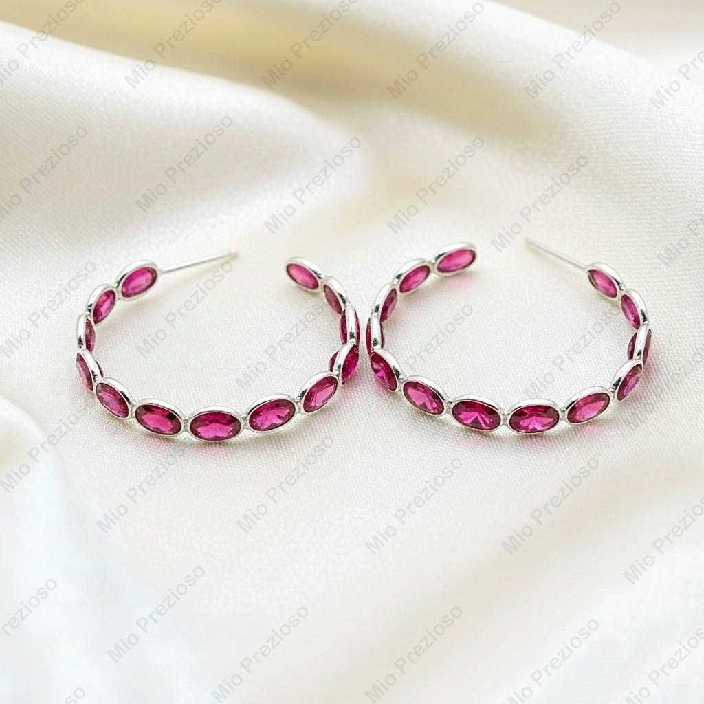Natural Ruby Hoop Earrings | 925 Sterling Silver Statement Earrings | July Birthstone Jewelry.