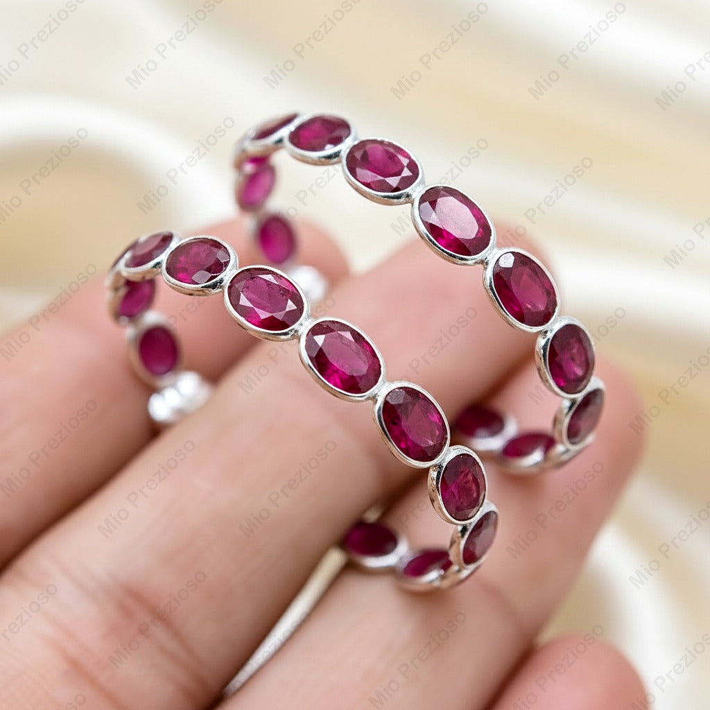 Natural Ruby Hoop Earrings | 925 Sterling Silver Statement Earrings | July Birthstone Jewelry.
