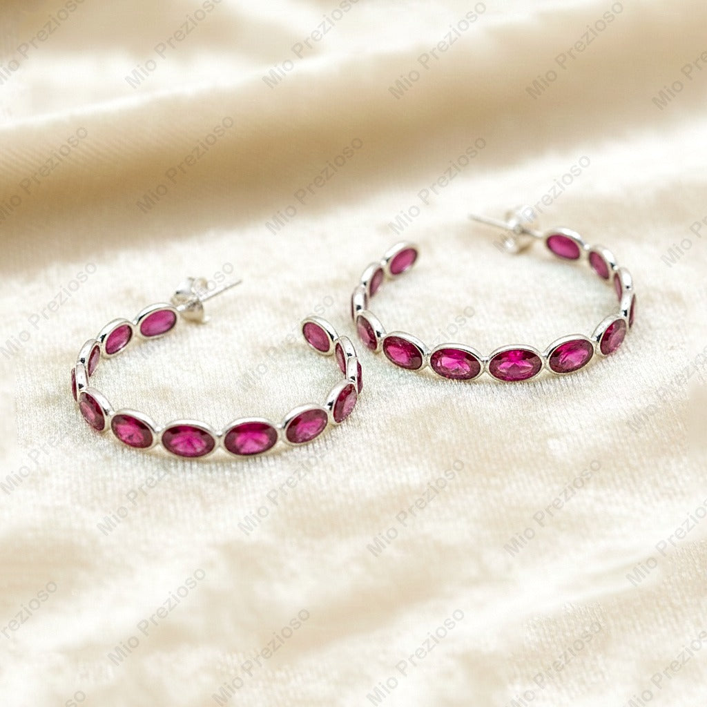 Natural Ruby Hoop Earrings | 925 Sterling Silver Statement Earrings | July Birthstone Jewelry.