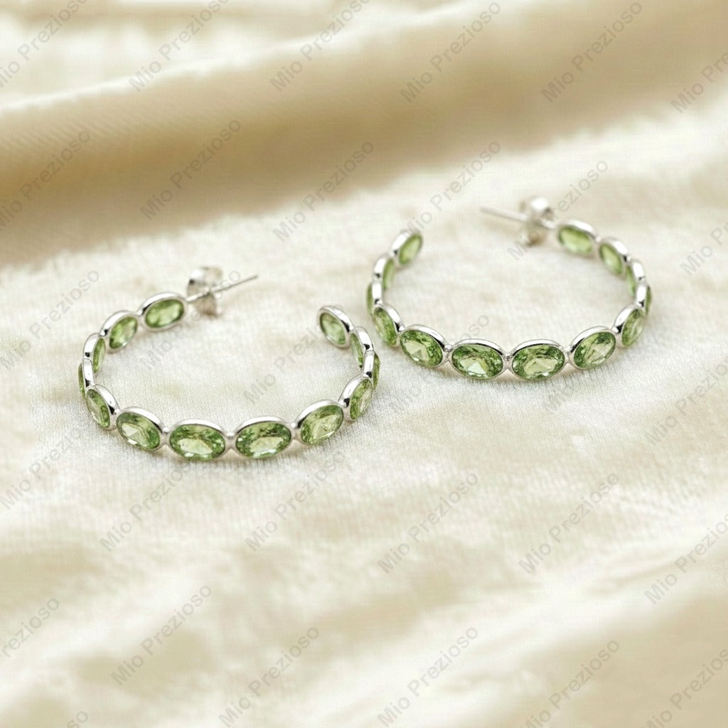 Natural Peridot Hoop Earrings 925 Silver | Green Gemstone Earrings | August Birthstone Jewelry.