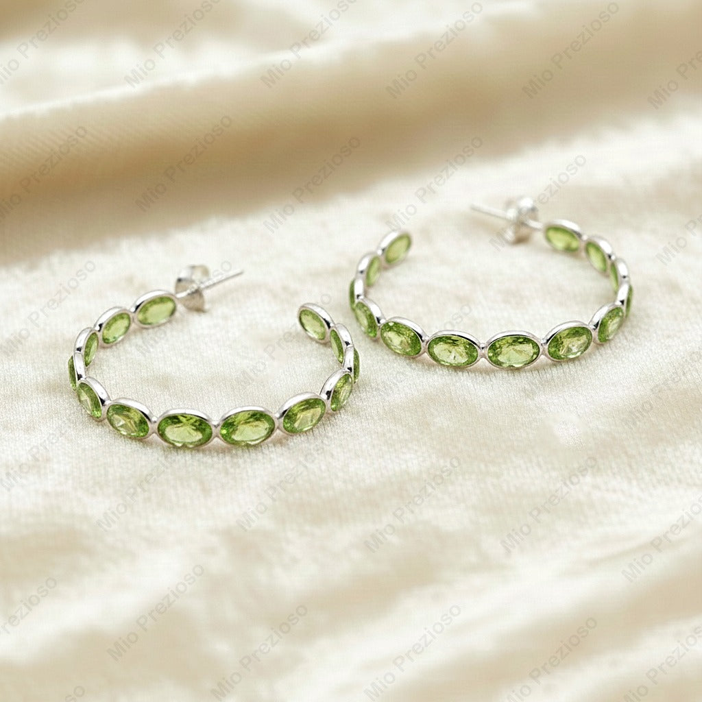 Natural Peridot Hoop Earrings 925 Silver | Green Gemstone Earrings | August Birthstone Jewelry.
