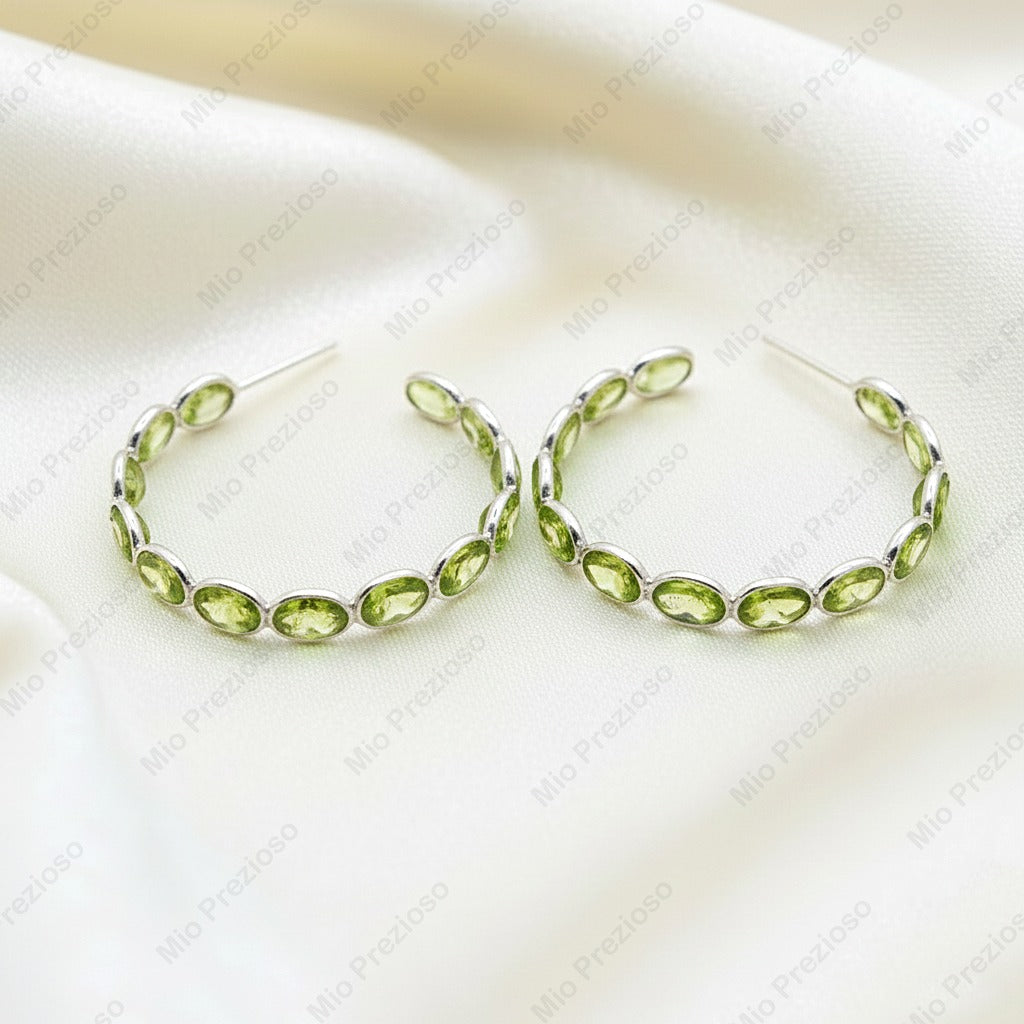 Natural Peridot Hoop Earrings 925 Silver | Green Gemstone Earrings | August Birthstone Jewelry.