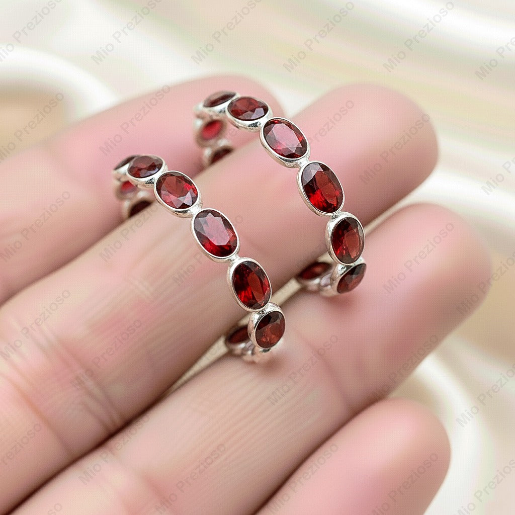 Natural Garnet Hoop Earrings 925 Sterling Silver | Handmade Red Gemstone Earrings.