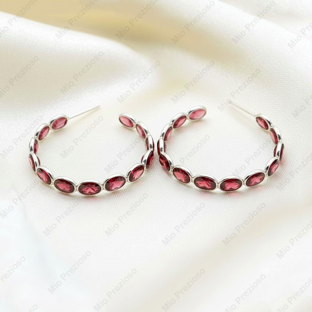 Natural Garnet Hoop Earrings 925 Sterling Silver | Handmade Red Gemstone Earrings.
