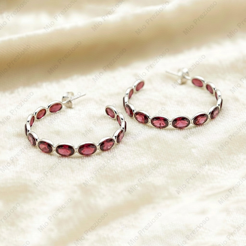 Natural Garnet Hoop Earrings 925 Sterling Silver | Handmade Red Gemstone Earrings.
