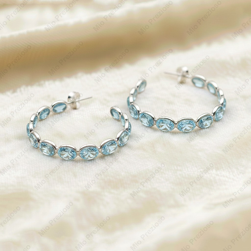 Natural Aquamarine Hoop Earrings | 925 Sterling Silver Eternity Earrings | Handmade Jewelry.