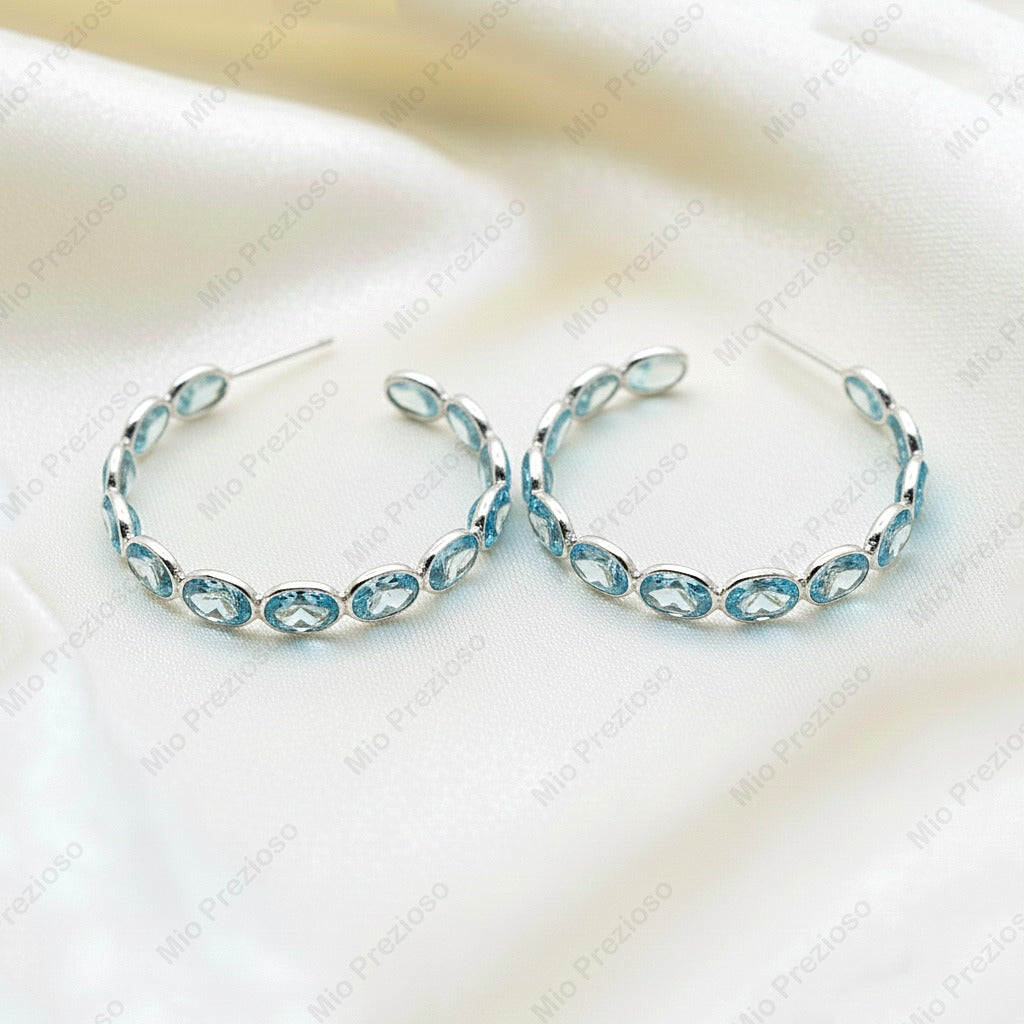 Natural Aquamarine Hoop Earrings | 925 Sterling Silver Eternity Earrings | Handmade Jewelry.