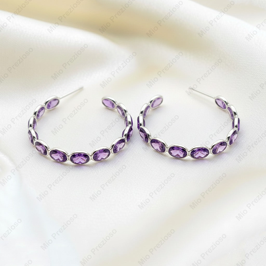 Natural Amethyst Silver Hoop Earrings | Oval Purple Gemstone Earrings | Handmade Jewelry.