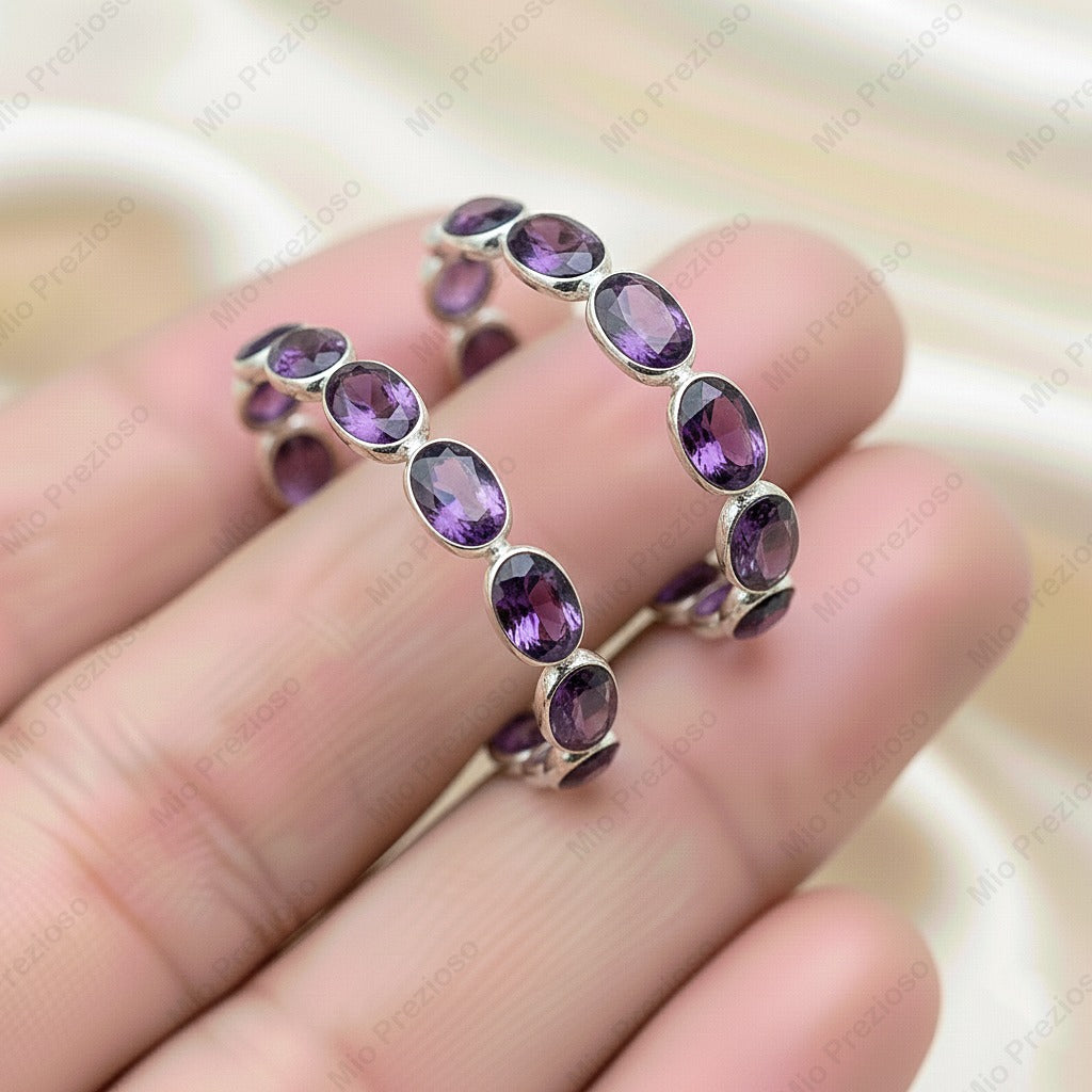 Natural Amethyst Silver Hoop Earrings | Oval Purple Gemstone Earrings | Handmade Jewelry.
