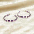 Natural Amethyst Silver Hoop Earrings | Oval Purple Gemstone Earrings | Handmade Jewelry.