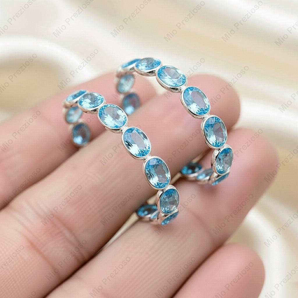 Natural Blue Topaz Hoop Earrings | Sterling Silver Oval Gemstone Earrings | Handmade Jewelry.
