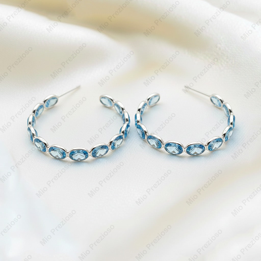 Natural Blue Topaz Hoop Earrings | Sterling Silver Oval Gemstone Earrings | Handmade Jewelry.