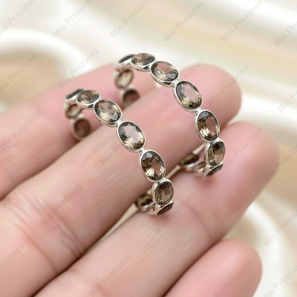 Natural Smoky Quartz Hoop Earrings | Oval Cut Gemstone Jewelry | 925 Sterling Silver.