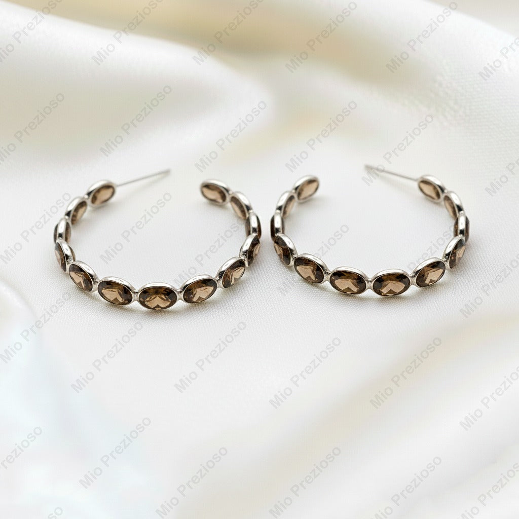Natural Smoky Quartz Hoop Earrings | Oval Cut Gemstone Jewelry | 925 Sterling Silver.