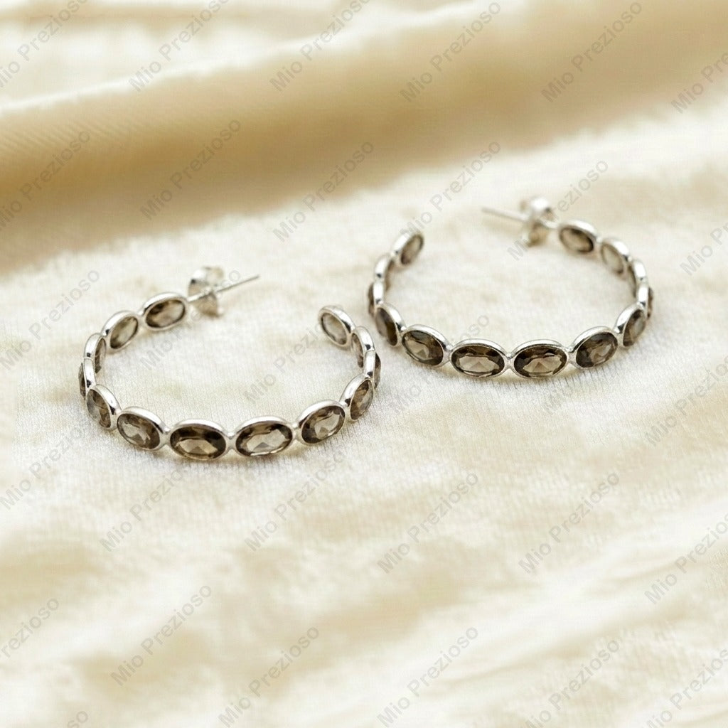 Natural Smoky Quartz Hoop Earrings | Oval Cut Gemstone Jewelry | 925 Sterling Silver.