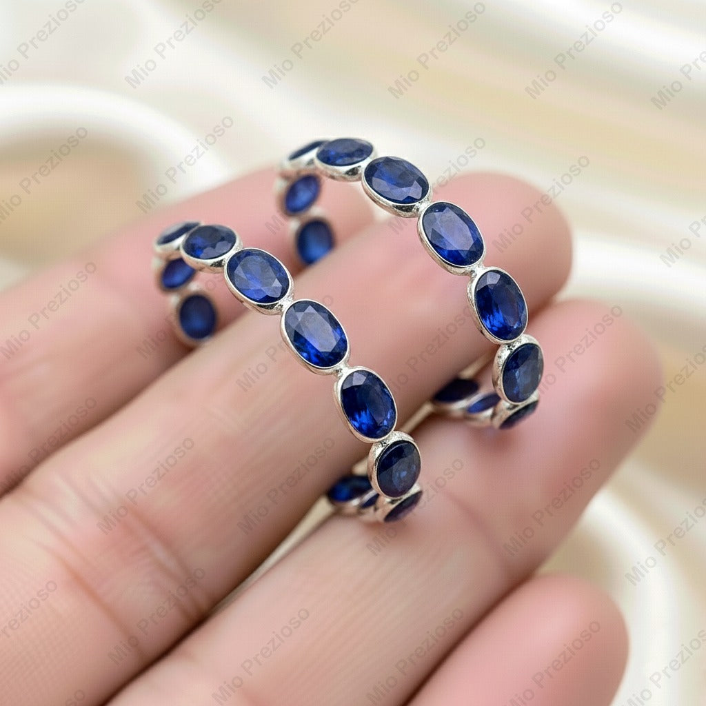 Natural Blue Sapphire Hoop Earrings | 925 Sterling Silver Eternity Earrings | Handmade Earring.