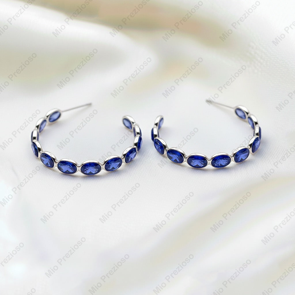 Natural Blue Sapphire Hoop Earrings | 925 Sterling Silver Eternity Earrings | Handmade Earring.