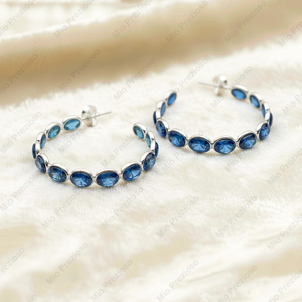 Natural London Blue Topaz Hoop Earrings | 925 Sterling Silver Eternity Earrings.