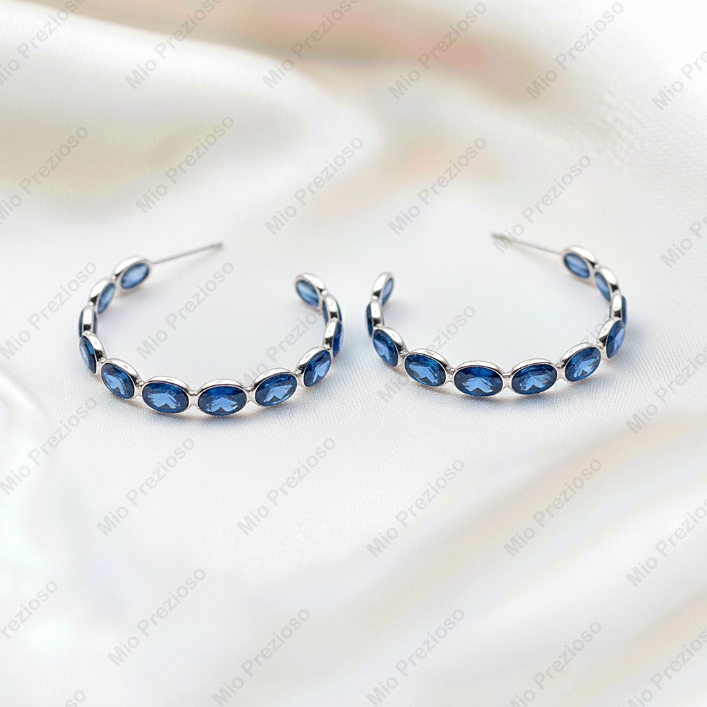 Natural London Blue Topaz Hoop Earrings | 925 Sterling Silver Eternity Earrings.