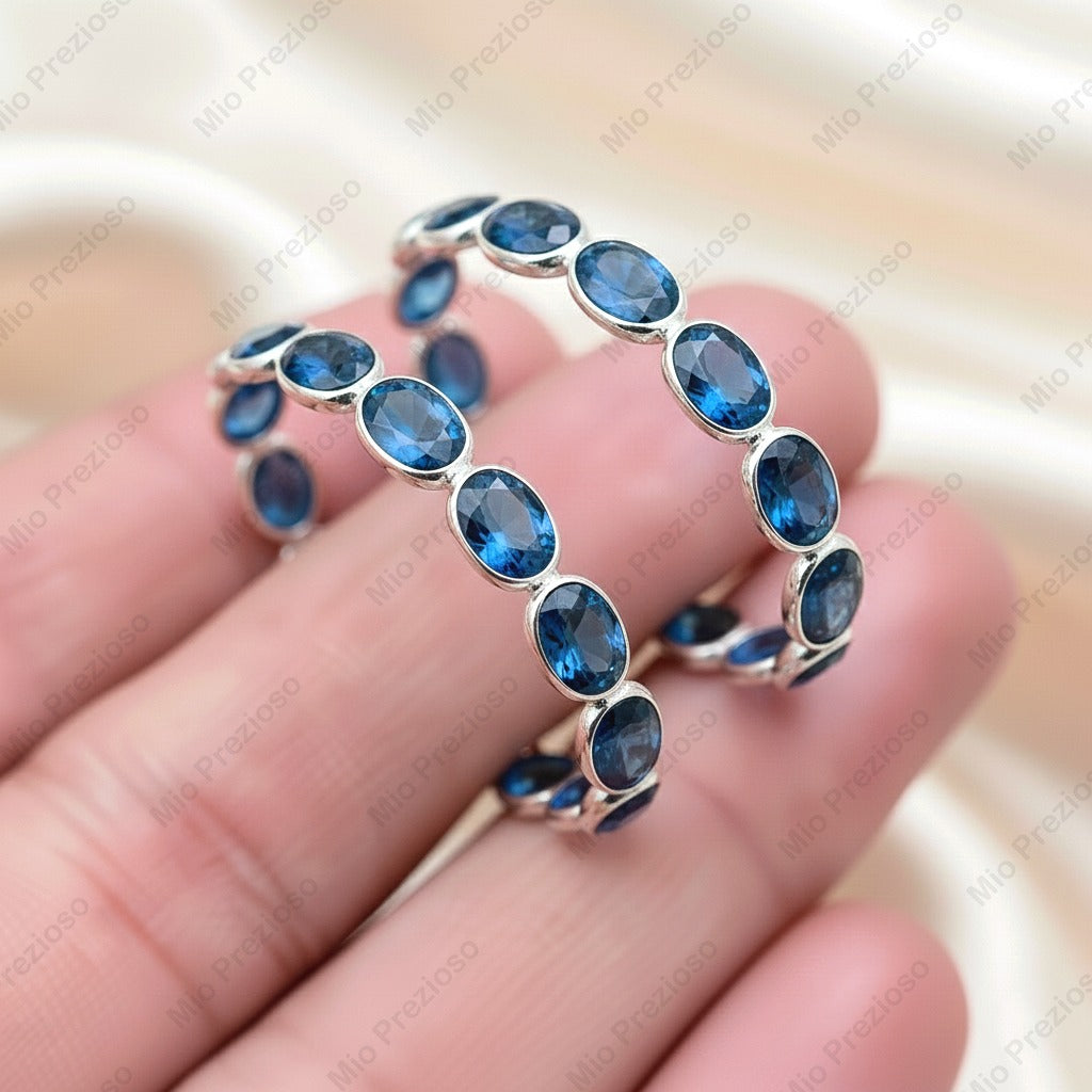 Natural London Blue Topaz Hoop Earrings | 925 Sterling Silver Eternity Earrings.