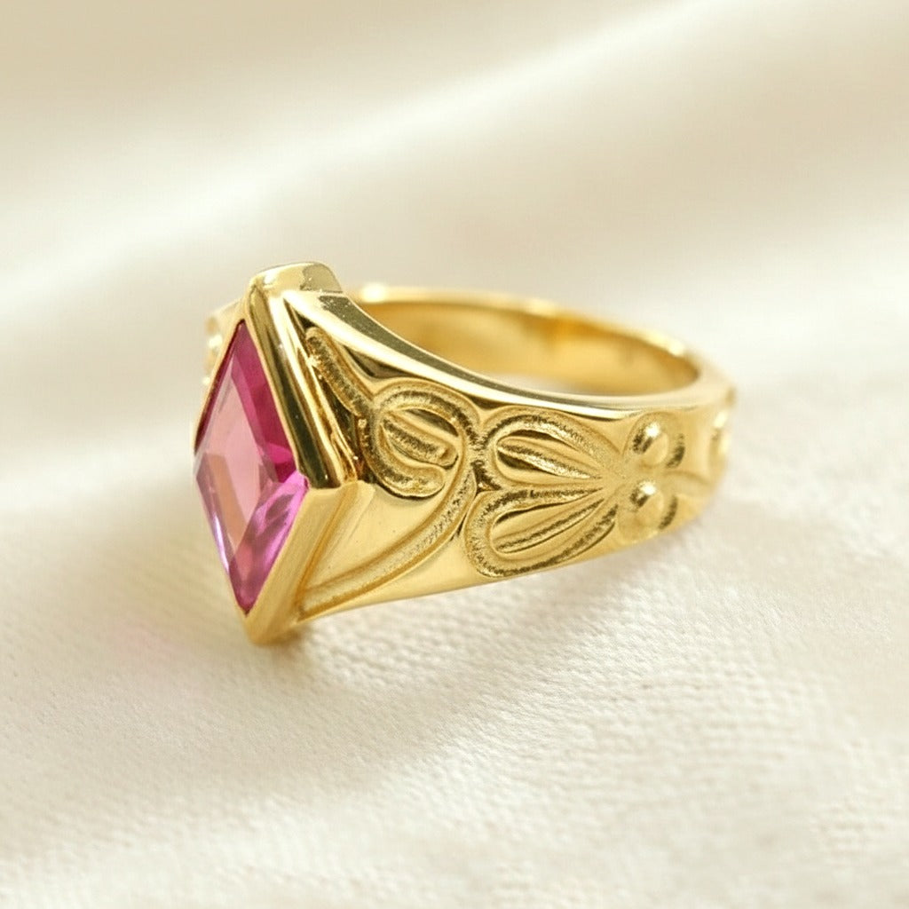 Pink Cubic Zirconia Sterling Silver Ring | Gold Plated CZ Statement Ring | Handmade Vintage Jewelry.