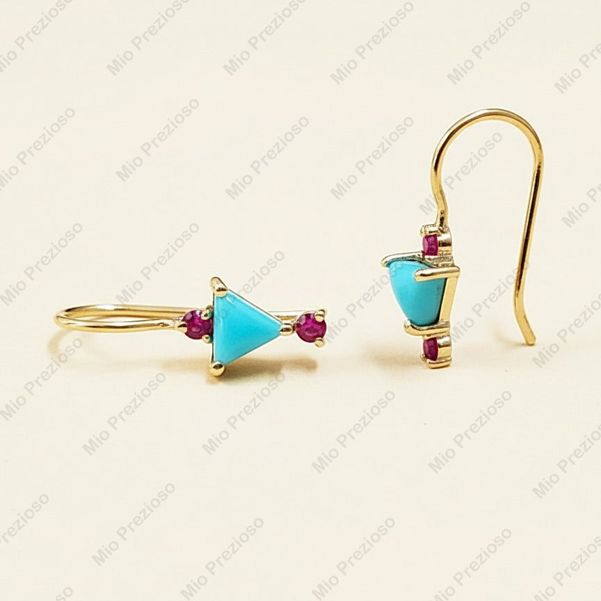 Natural Turquoise & Ruby Earrings | Handmade Gemstone Dangle Earrings | 925 Sterling Silver Boho Jewelry.