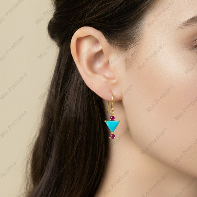 Natural Turquoise & Ruby Earrings | Handmade Gemstone Dangle Earrings | 925 Sterling Silver Boho Jewelry.