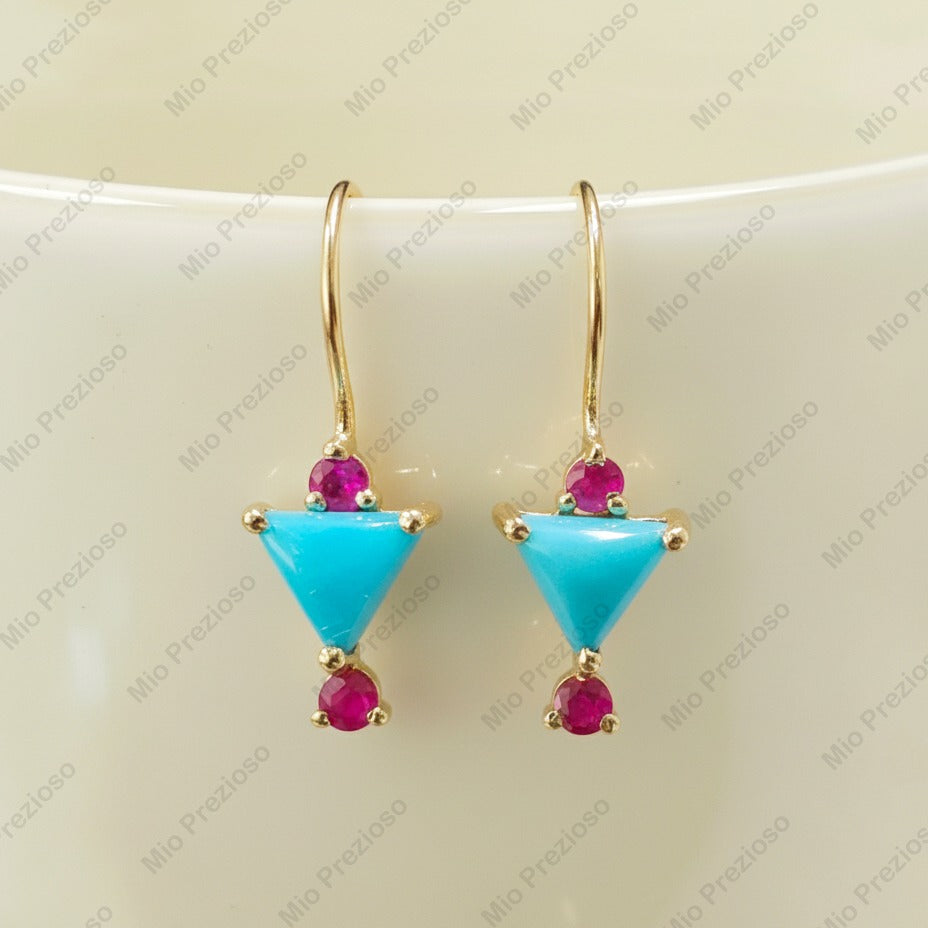 Natural Turquoise & Ruby Earrings | Handmade Gemstone Dangle Earrings | 925 Sterling Silver Boho Jewelry.