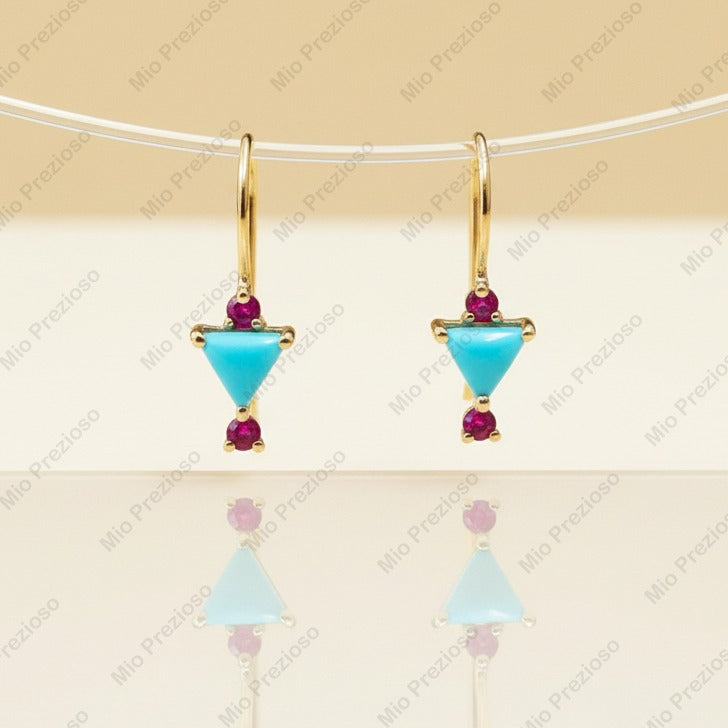 Natural Turquoise & Ruby Earrings | Handmade Gemstone Dangle Earrings | 925 Sterling Silver Boho Jewelry.