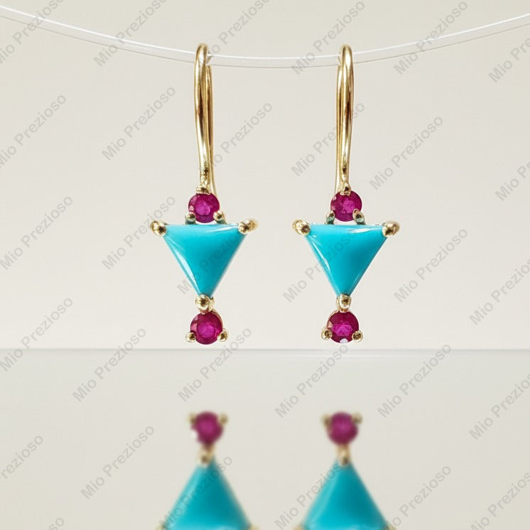 Natural Turquoise & Ruby Earrings | Handmade Gemstone Dangle Earrings | 925 Sterling Silver Boho Jewelry.