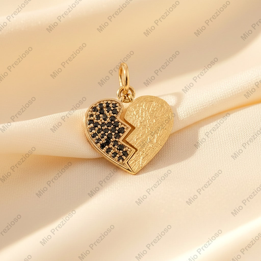 14K Gold Natural Black Diamond Broken Heart Pendant | Luxury Gemstone Necklace | Handmade Jewelry.