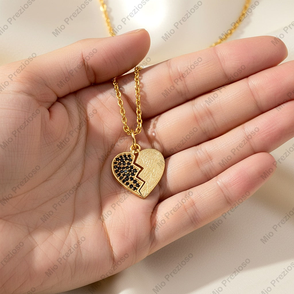 14K Gold Natural Black Diamond Broken Heart Pendant | Luxury Gemstone Necklace | Handmade Jewelry.
