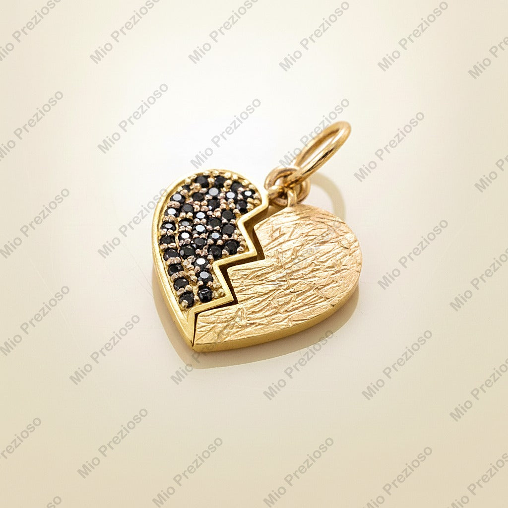 14K Gold Natural Black Diamond Broken Heart Pendant | Luxury Gemstone Necklace | Handmade Jewelry.