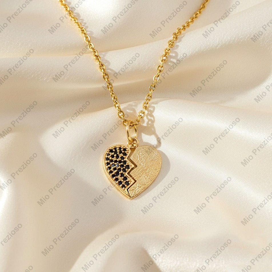 14K Gold Natural Black Diamond Broken Heart Pendant | Luxury Gemstone Necklace | Handmade Jewelry.