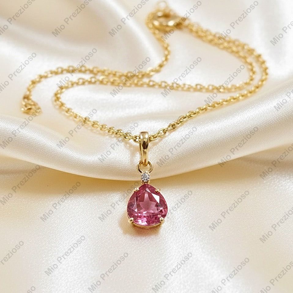 Natural Pink Tourmaline & Diamond Pendant | 14k Gold Luxury Gemstone Pendant | Handmade Jewelry.