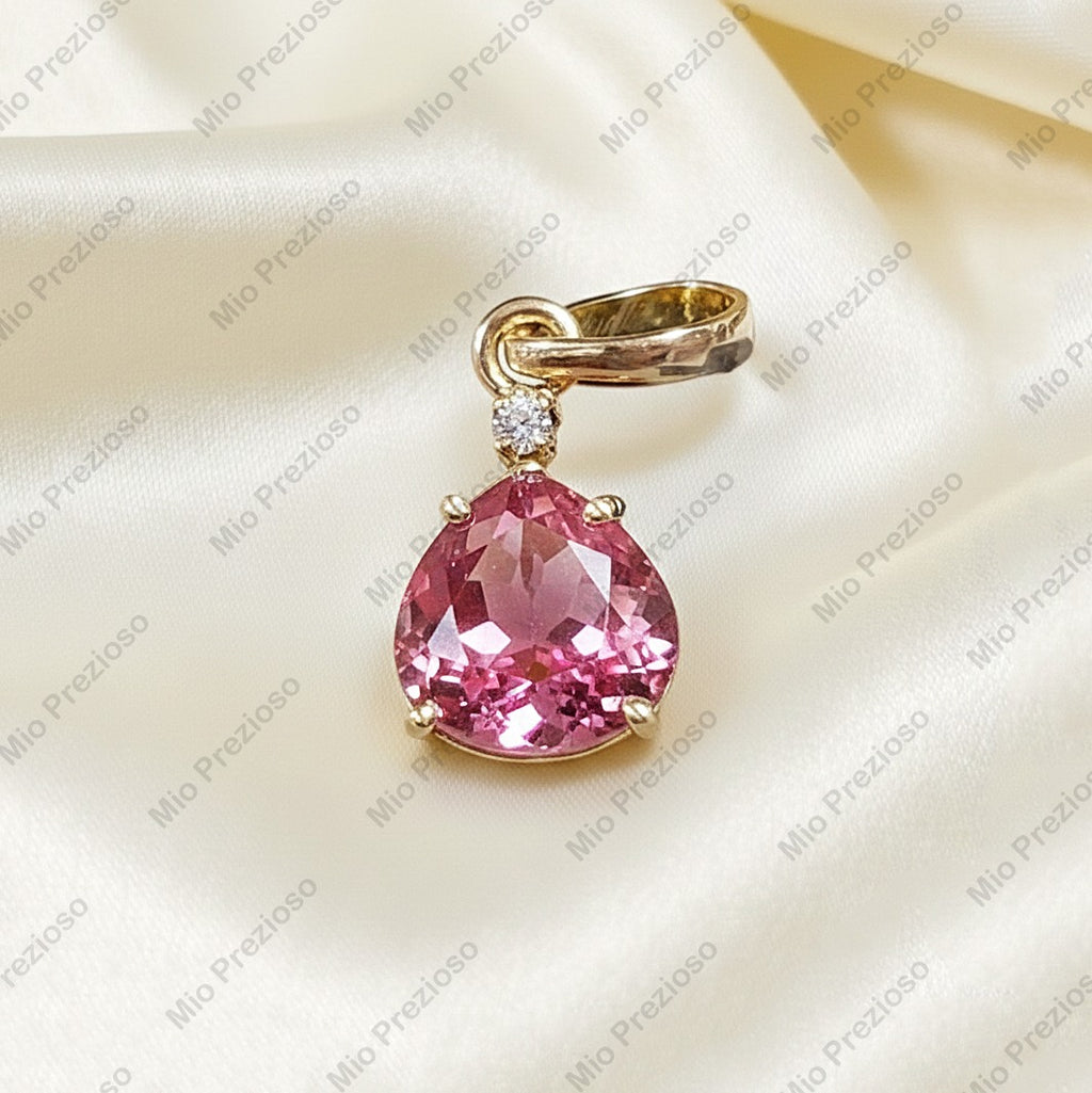 Natural Pink Tourmaline & Diamond Pendant | 14k Gold Luxury Gemstone Pendant | Handmade Jewelry.
