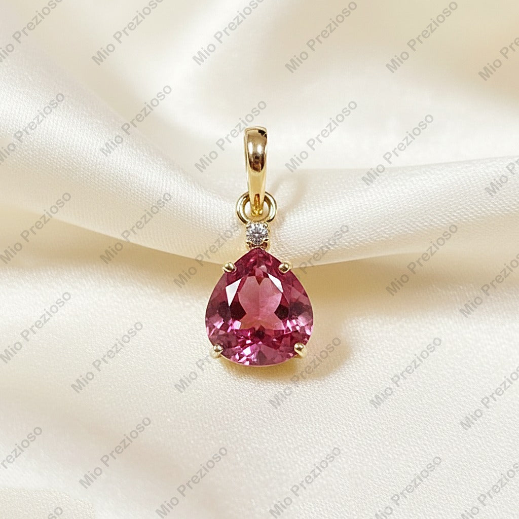 Natural Pink Tourmaline & Diamond Pendant | 14k Gold Luxury Gemstone Pendant | Handmade Jewelry.