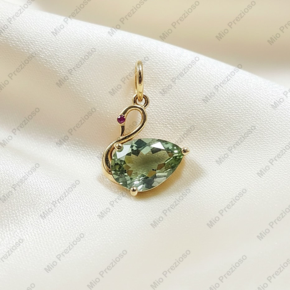 Natural Green Tourmaline & Ruby Pendant | 14k Gold Luxury Swan Gemstone Pendant | Handmade Jewelry.