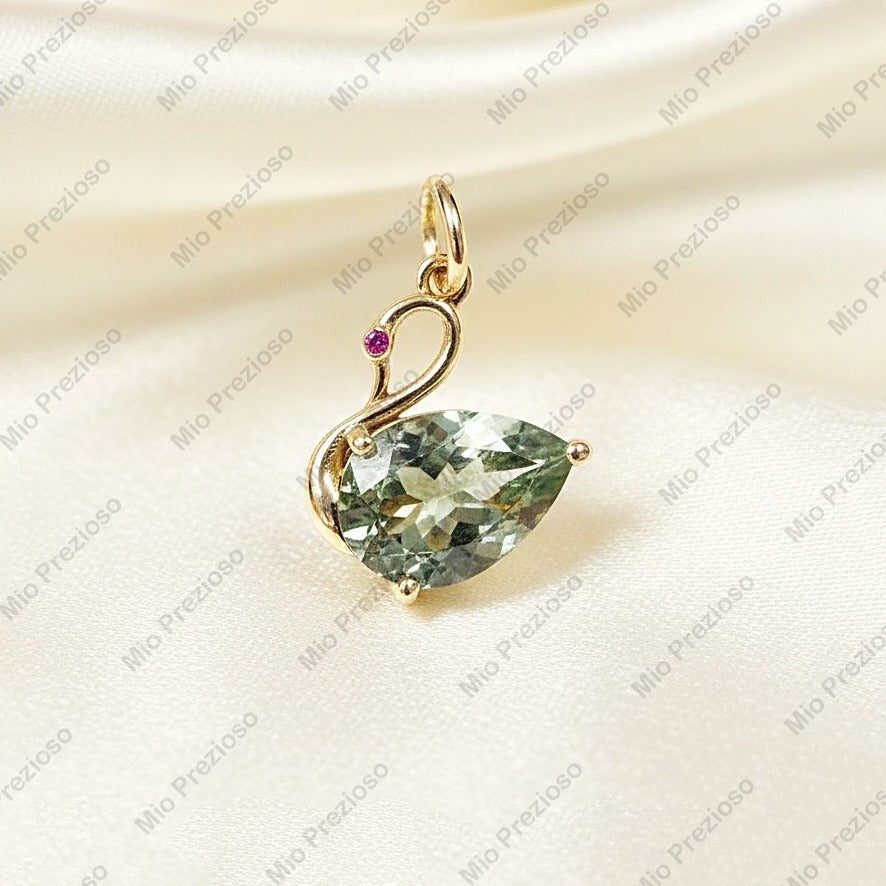 Natural Green Tourmaline & Ruby Pendant | 14k Gold Luxury Swan Gemstone Pendant | Handmade Jewelry.