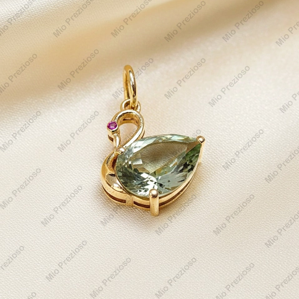 Natural Green Tourmaline & Ruby Pendant | 14k Gold Luxury Swan Gemstone Pendant | Handmade Jewelry.