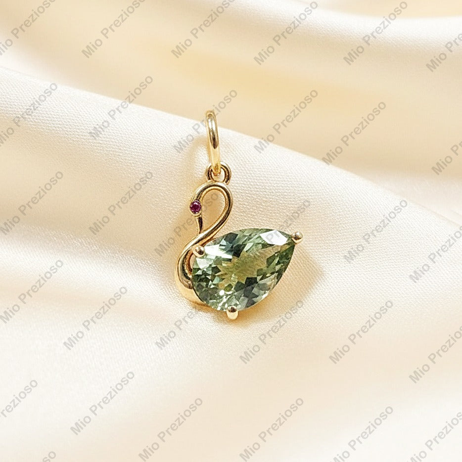 Natural Green Tourmaline & Ruby Pendant | 14k Gold Luxury Swan Gemstone Pendant | Handmade Jewelry.
