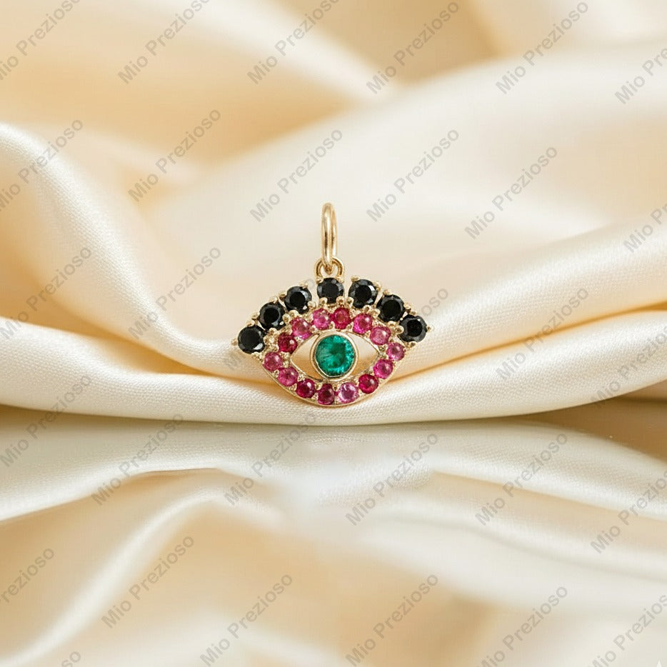 14k Gold Natural Emerald, Ruby & Black Diamond Evil Eye Pendant | Minimalist Handmade Gemstone Pendant.