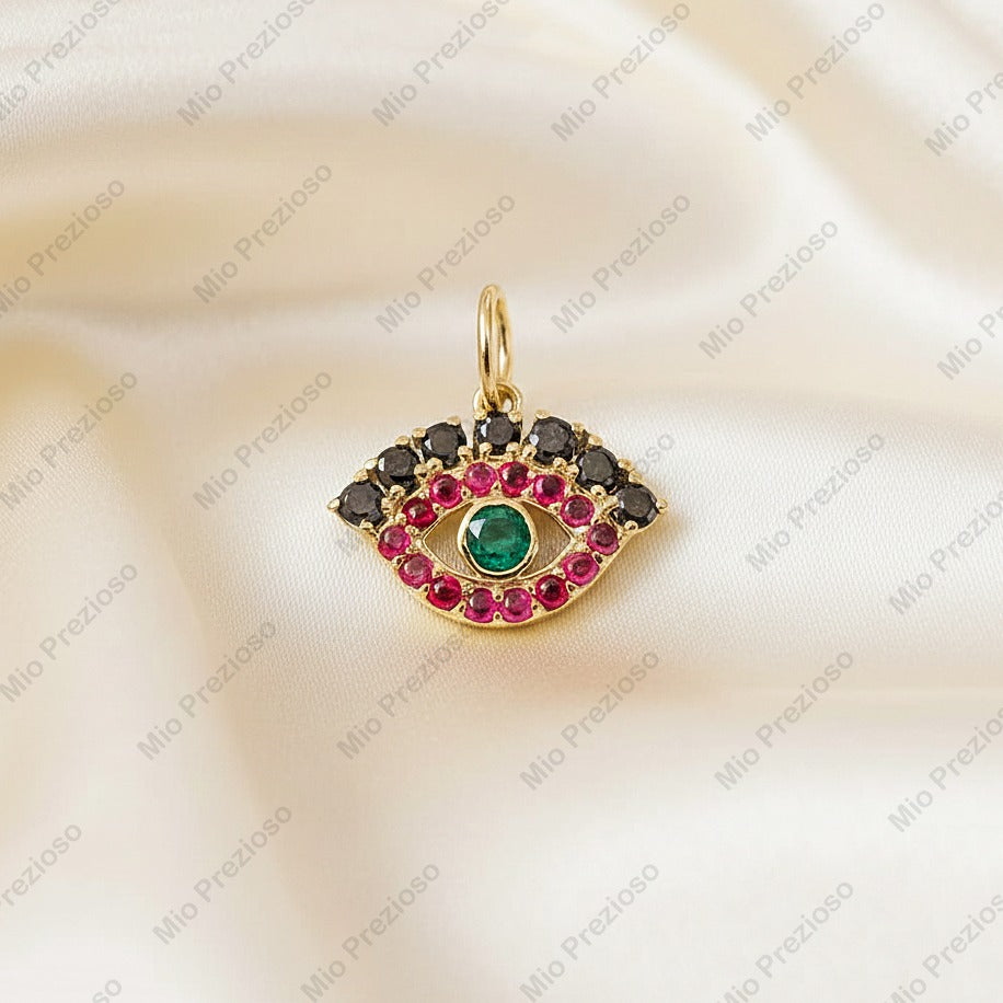 14k Gold Natural Emerald, Ruby & Black Diamond Evil Eye Pendant | Minimalist Handmade Gemstone Pendant.