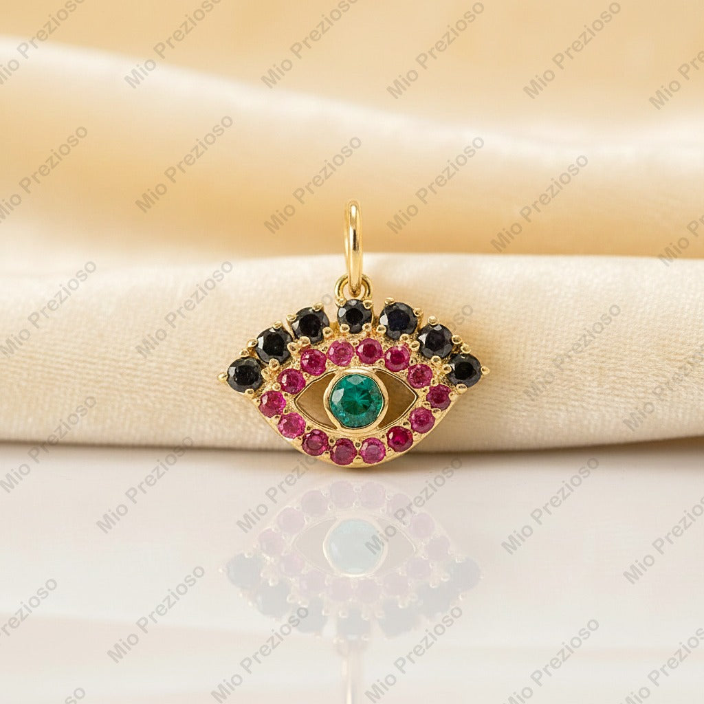 14k Gold Natural Emerald, Ruby & Black Diamond Evil Eye Pendant | Minimalist Handmade Gemstone Pendant.