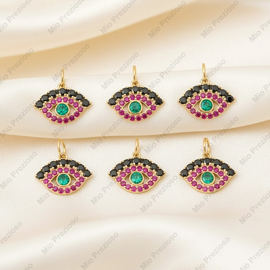 14k Gold Natural Emerald, Ruby & Black Diamond Evil Eye Pendant | Minimalist Handmade Gemstone Pendant.